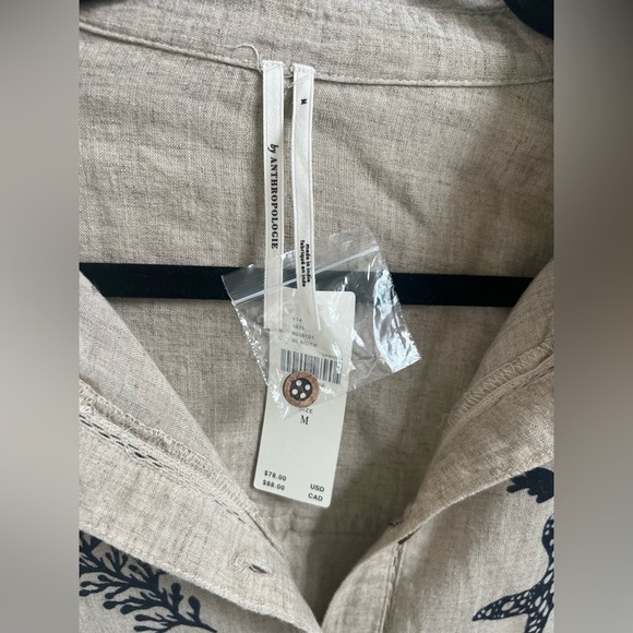 NWT new MEDIUM by Anthropologie button down linen shirt beach shell print tan - Picture 5 of 17